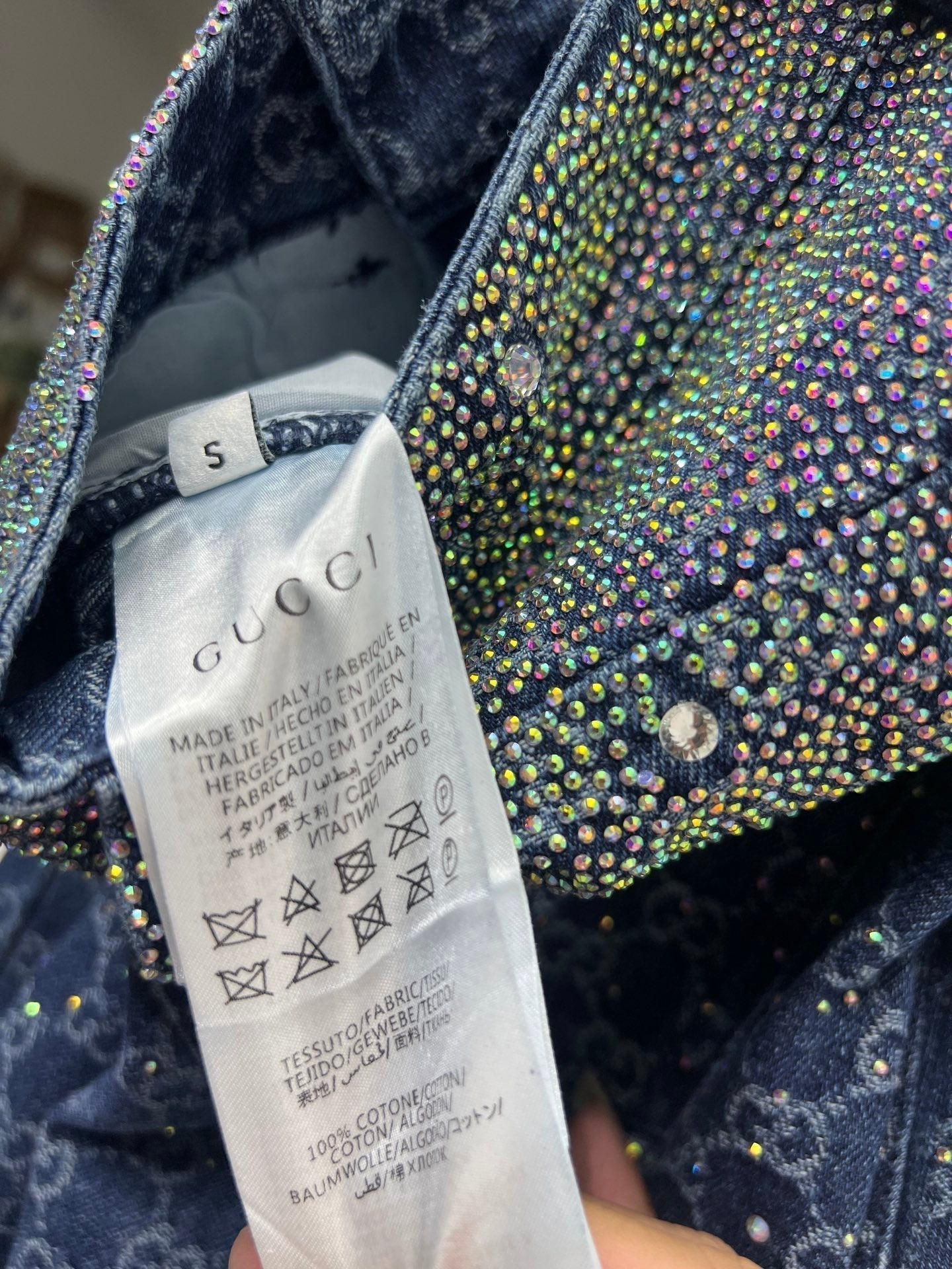 GG Blue Monogram Crystal Embellished Jean